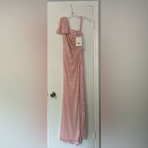 Mac Duggal PEARL EMBELLISHED SOFT TIE ONE SHOULDER GOWN